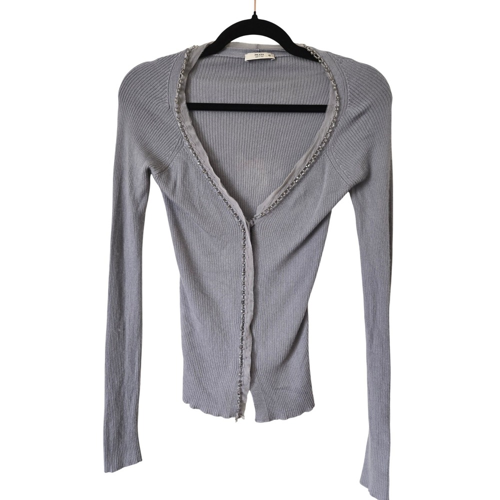 Prada Womens 42 Cardigan Gray Ribbed Knit Beaded Trim Snap Front Italy Cashmere